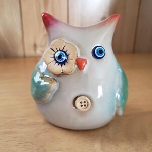 Whimsical Ceramic Owl Figurine Button Eyes Cute Shelf Decor 3.75"